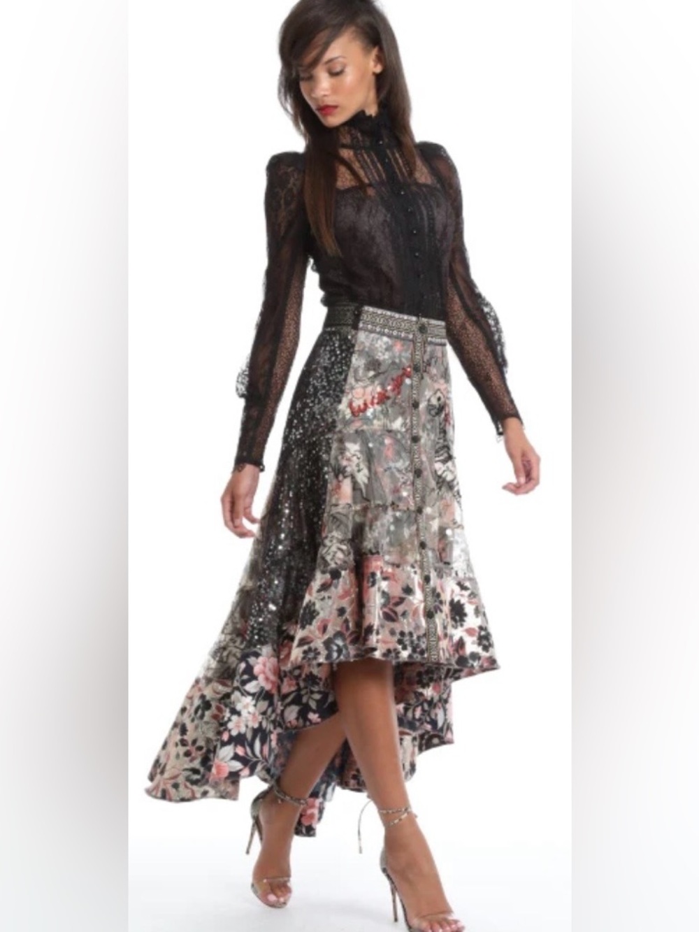 Byron Lars Black and Pink Floral Patchwork High-Low Skirt
